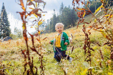 Naklejka na ściany i meble Story about first steps of toddler baby child boy traveler with yellow grass mountain landscape in camping on background. Travel with child, freedom, health relations concept.