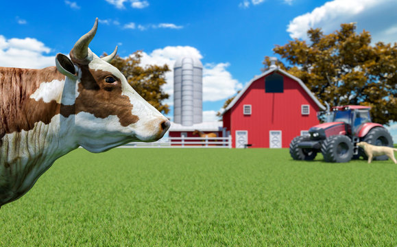 Farm scene with red barn and farm animals, 3D Rendering