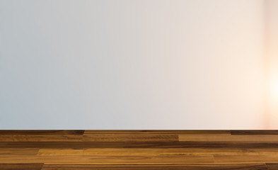 blank wooden table. Flooring. Empty  Modern bathroom. 3D rendering.. Sunset.