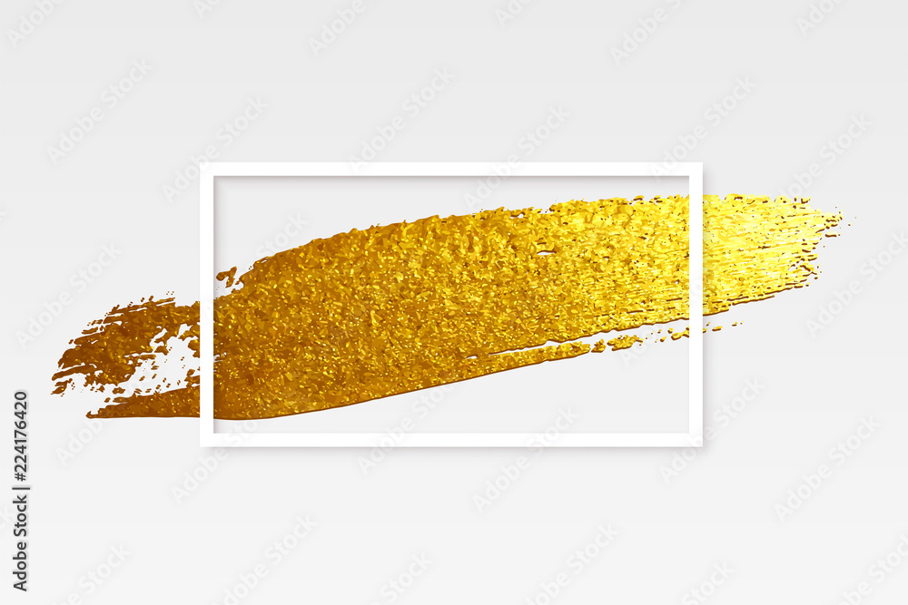 Poster golden brush stroke with white rectangle frame isolated on gray background. vector design element.