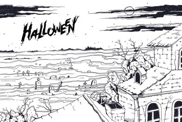 Sketch spooky landscape cemetery and old abandoned Gothic mansion. Moonlit night on all saints day, mystical fog over the tombstones and crosses. Vector Halloween party illustration.