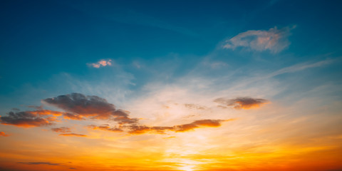Sunset Sunrise Sky Background. Bright Dramatic Sky In Yellow, Or