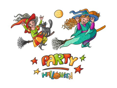 Set girls witches on broom with cats for Children party Halloween. Illustration cheerful humorous young magician and pet to all saints day. Bright vector charmers pointed hats flying and build faces
