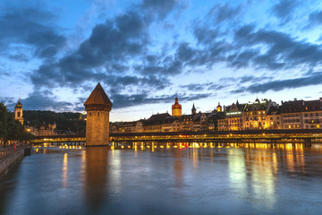 Lucerne (Luzern) Switzerland, Sunset city skyline at Chapel Bridge