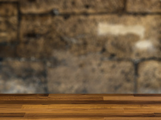 blank wooden table. Flooring. The texture of a stone fence made of granite. Background