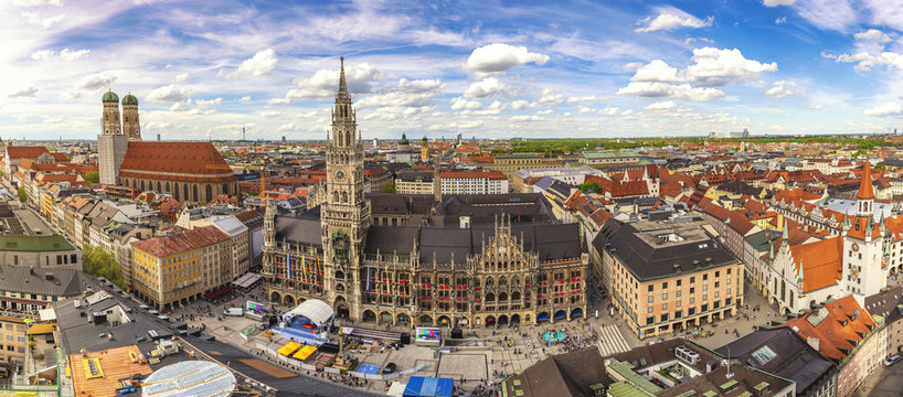 Munich Germany, aerial view panorama city skyline at Marienplatz new Town Hall Square