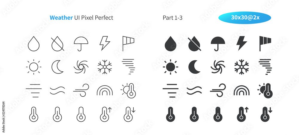 Poster weather ui pixel perfect well-crafted vector thin line and solid icons 30 2x grid for web graphics a
