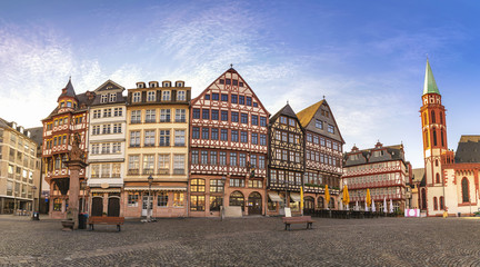 Frankfurt Germany, panorama sunrise city skyline at Romer Town Square - obrazy, fototapety, plakaty