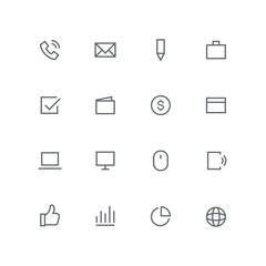 Main outline icon set - phone, mail, pen, briefcase, check mark, wallet, dollar coin, calendar, laptop, computer, mouse, mobile, globe, graph and diagram symbol. Business and work vector signs.