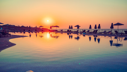 Pool side terrace at sunset