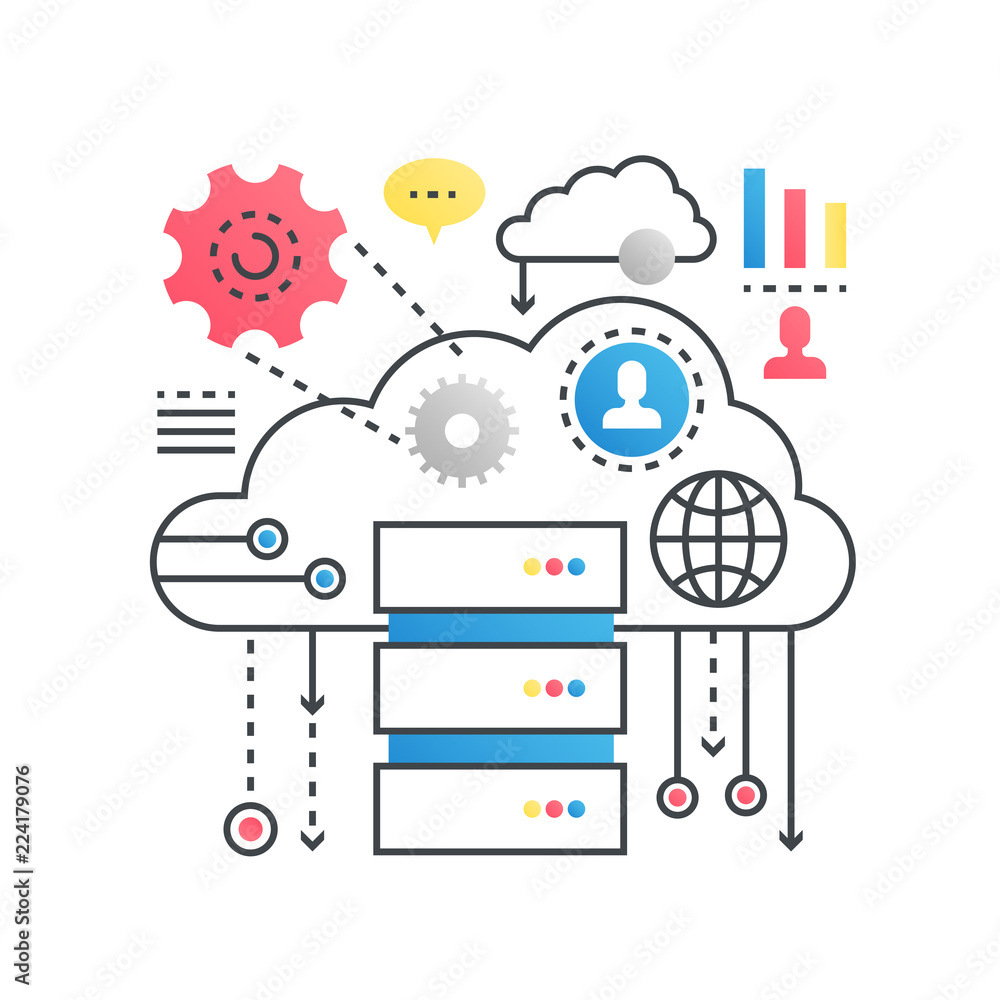 Aufkleber cloud computing technology service, data storage concept in trendy line with gradient flat color sty