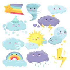 Fototapete Wolken Satz nette Wetterikonen mit unterschiedlichem Gefühlsausdruck. Vektor-Wetter-Cartoon-vidgets-Aufkleber-Set.