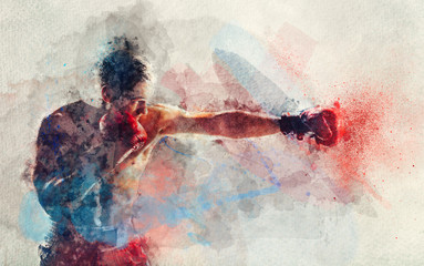 Watercolor painting of boxer striking a blow