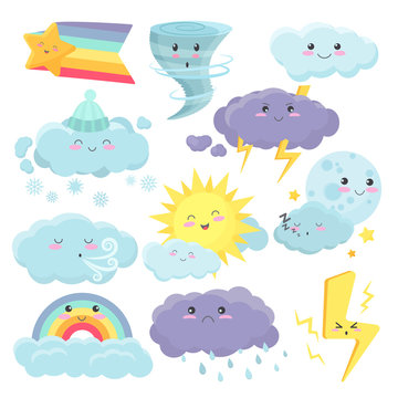 Set of cute weather icons with different emotions expression. Vector weather cartoon vidgets stickers set.