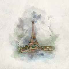 Eiffel Tower in Paris, France in watercolors.