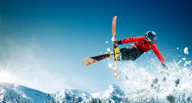 Skiing. Jumping Skier. Extreme Winter Sports.