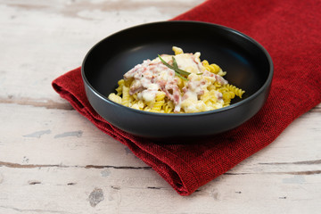 tasty Carbonara pasta on the table