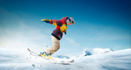 Skiing. Jumping skier. Extreme winter sports.