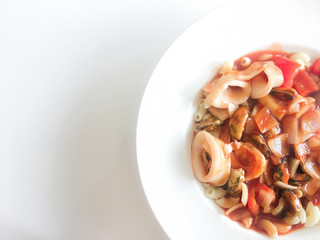 Macaroni Shrimp in a white plate. In the morning restaurant