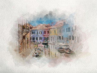 Houses and canal on Burano island in watercolors.