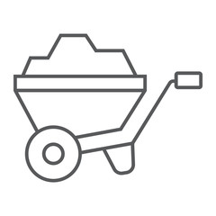Wheelbarrow thin line icon, tool and cart, agriculture sign, vector graphics, a linear pattern on a white background.