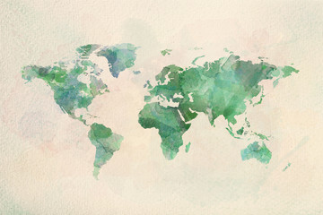 Fototapeta na wymiar Watercolor vintage world map in green colors