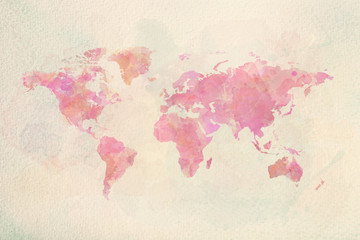 Watercolor vintage world map in pink colors