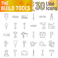 Build tools thin line icon set, construction symbols collection, vector sketches, logo illustrations, equipment signs linear pictograms package isolated on white background.