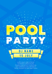 Vertical blue pool party background with color graphic elements and text.  