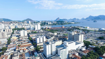 Buildings of the city of Niterói with sea in the background, aerial view