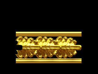 golden, ornamental segment, “leaf series", straight version for frieze, frame or border. 3d illustration, separated on black