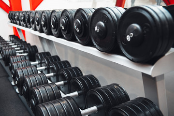 Gym and dumbbell weight training equipment on sport. Healthy life and gym exercise equipments and sports concept. Сopy space