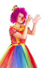 Happy young clown girl on white background