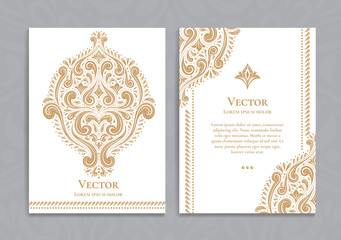 Gold and white vintage greeting card. Luxury vector ornament template. Great for invitation, flyer, menu, brochure, postcard, background, wallpaper, decoration, packaging or any desired idea