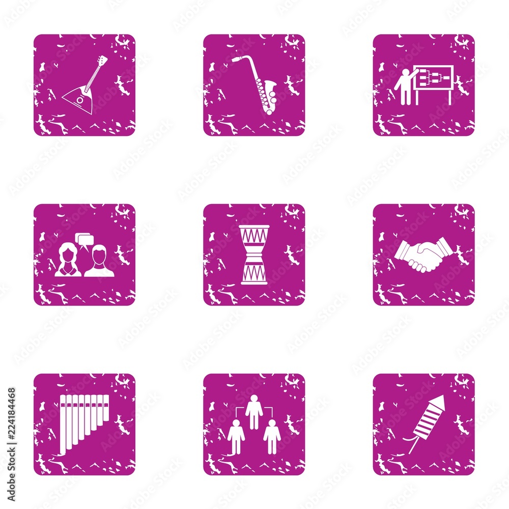 Poster music procedure icons set. grunge set of 9 music procedure vector icons for web isolated on white ba