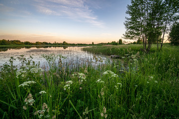 countryside scene by the lake at sunset with trees over the pond and house on the shore