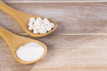 Fototapeta na wymiar Natural sweetener in pills of stevia plant