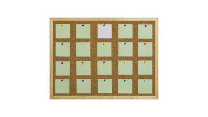 Cork bulletin board with wooden frame, pinned colored paper, isolated on white