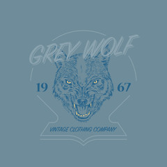 Wild wolf logo. Grunge label print. Angry animal of a predator. Badge or emblem Engraved hand drawn old monochrome Vintage Dog face sketch t-shirt. wild. Vector illustration.