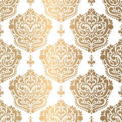 Gold and white damask vector seamless pattern, wallpaper. Elegant classic texture. Luxury ornament. Royal, Victorian, Baroque elements. Great for fabric and textile, wallpaper, or any desired idea.