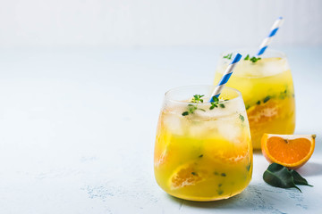 Summer refreshing citrus cocktail in glass. Selective focus, space for text.