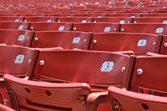 Outdoor Theater Seating Red Bleacher Numbered Rows For Audience