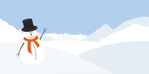 snowman with an orange scarf waves in a winter landscape