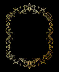 Golden Floral border or Frame for picture. Gold Italian vintage ornament for photo. Isolated Retro divider with swirl for greeting card or wedding. Royal, luxury flourish, headpiece template