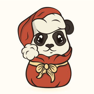 Cute panda in Santa's hat in red bag with gifts vector image isolated. Cartoon panda bear look out of Santa Claus's sack. Funny bearcat Children's Xmas design. Merry Christmas and Happy New Year mood.