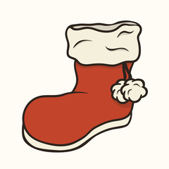 Red Santa's boot with pompon isolated vector illustration. Christmas theme. Merry Christmas and Happy New Year design. Greeting card, invitation decoration. Xmas symbol. Christmas stocking.