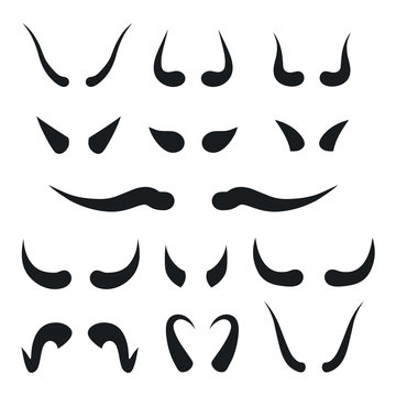 Set of horns icons, black silhouettes on white background. Vector illustration.