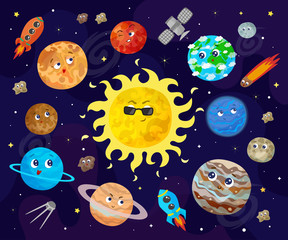 Vector illustration of space, universe. Cartoon planets, asteroids, comet, rockets.