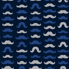 Moustaches Seamless Patterns for November Holiday Wrapping Paper. Blue and Grey Vector Mustache Silhouettes for Fabric Textile Design. Cinco de Mayo, Vintage Mustaches Carnival Design. Dark Background