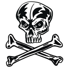 Bad horror skull with evil eyes and crossbones. Black and white. Vector black logo template ll vector. Dark t-shirt design. Pirate Symbol